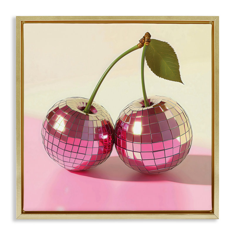 Cadre flottant rétro avec cerises éclatantes, design Creative Studio, Cadre flottant métallique doré, H 18 po x l 18 po