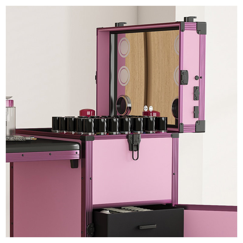 Table portable Nail Art avec miroir DEL et haut-parleur Bluetooth, station de manucure pliante rose