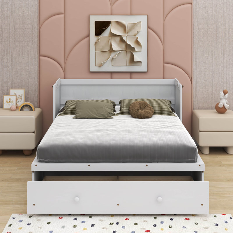 Lit escamotable avec port USB et tiroir, Blanc, Grand lit
