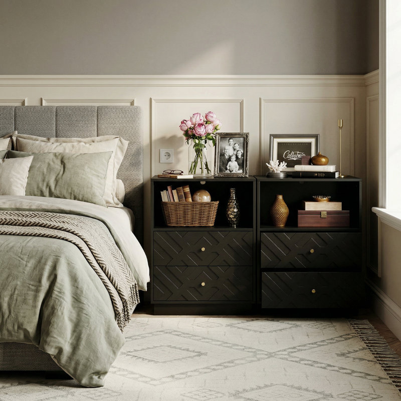 2 Drawer Nightstand With 1 Shelf  2 Set