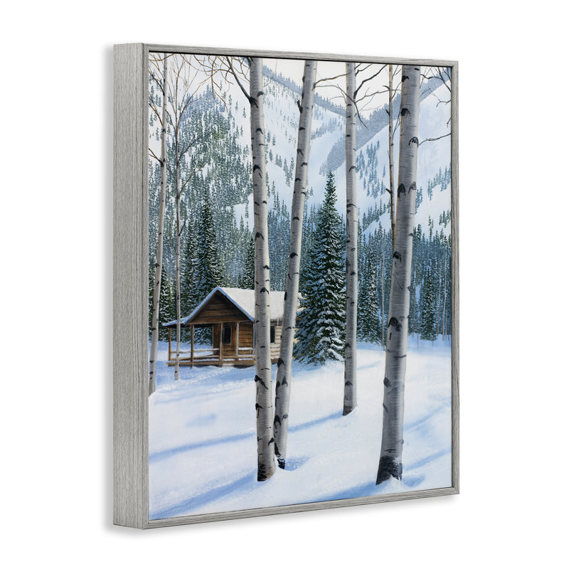 «Snowy Cabin Through Birch», art de la giclée encadrée par Kevin Daniel, Giclée encadrée noir minuit, H 20 po x l 16 po