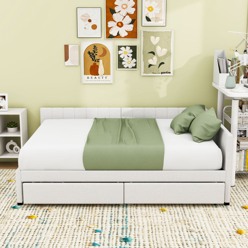 Full Size Upholstered Daybed with Built-in Storage and Durable Frame, Beige