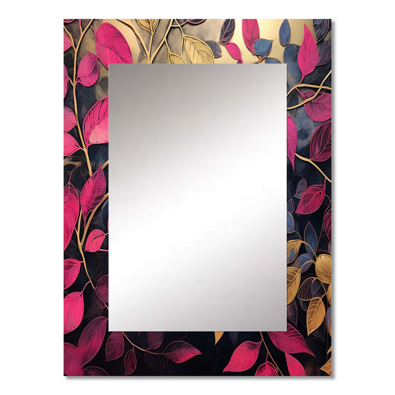 Or et breloque feuille rose en hiver - grand miroir à feuilles, décor de miroir mural traditionnel unique, impression d'art en métal