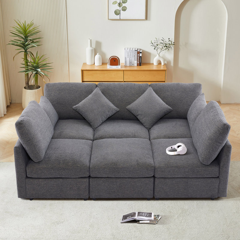 Canapé-lit modulaire rembourré 6 pièces Virelle, Gris chenille