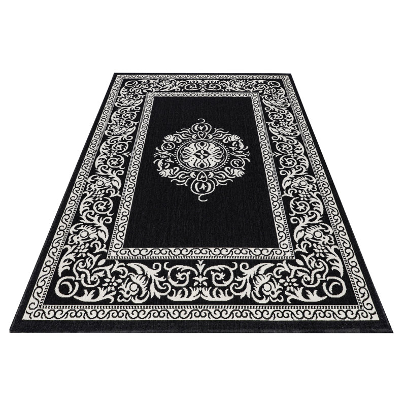 Magnifique tapis intérieur / extérieur noir Ramos, Rectangle 2 pi 7 po x 3 pi 3 po