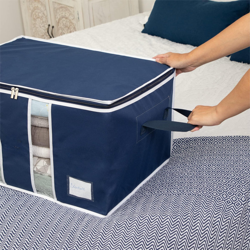 Clothes Storage Bag Organizer For, Blankets, Clothing, Comforters And Bedding Sets,Stackable With Zippers,Clear Window,( Blue/3 Pack)