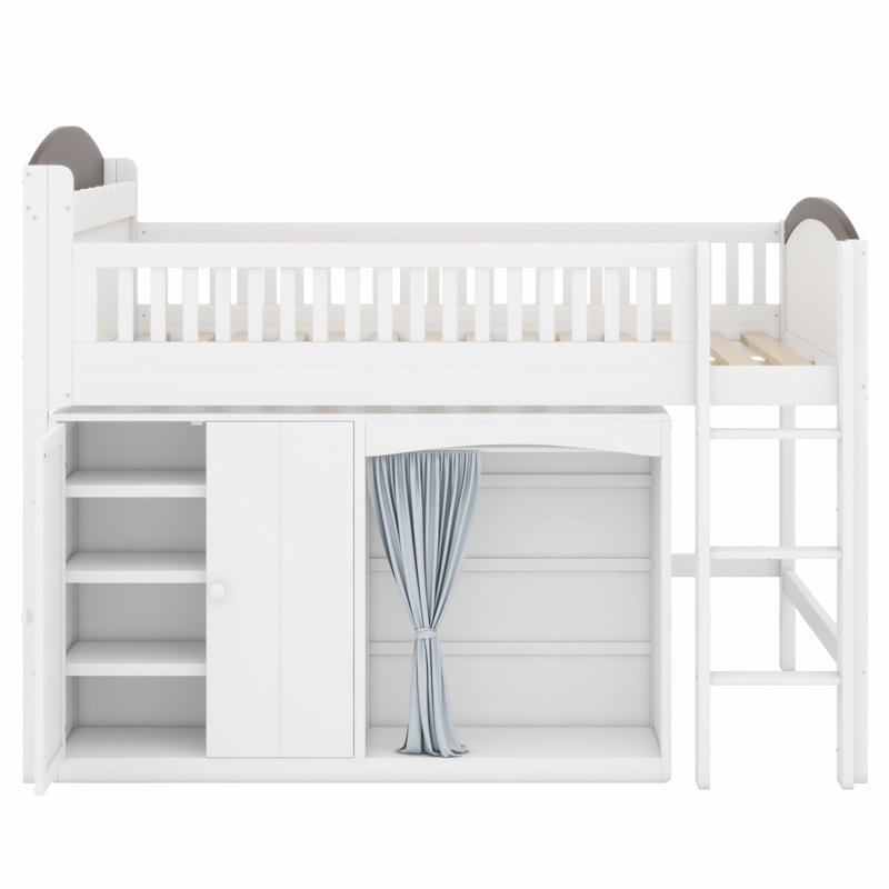 Lit mezzanine peu encombrant avec garde-robe intégré, armoire de rangement et DEL, Blanc + Espresso