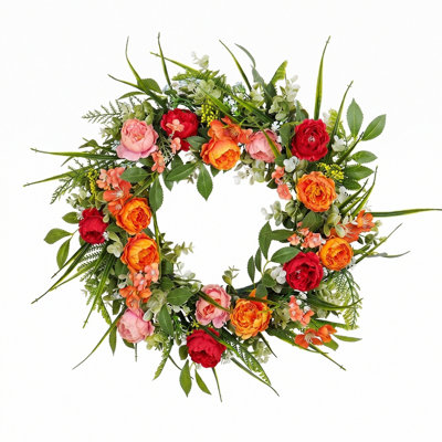 Couronne de pivoines artificielles printemps et été pour porte d'entrée 17,7 pouces avec feuilles vertes à l'extérieur, couronne de campagne florale colorée pour un décor de fête de mariage en plein air