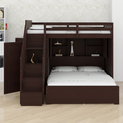 Bunk Bed with Storage Stairs, Built-in Wardrobe, USB and Lights