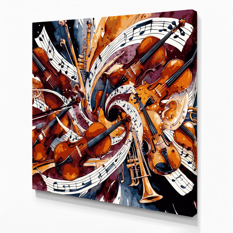 «Music», instruments de musique, toile rouge, H 16 po x l 16 po