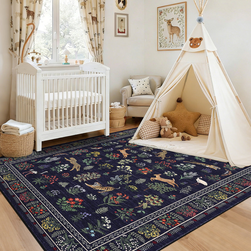 Tapis floral tigre avec motif floral 4 x 6 avec envers en caoutchouc antidérapant, tapis botanique de ferme, tapis pliable mince à poils courts et non délestable pour salle de jeux de la salle à manger, bleu