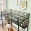 Lit mezzanine simple en métal avec bureau, prise de courant et éclairage à DEL, garde de sécurité et échelle, aucun sommier nécessaire, noir