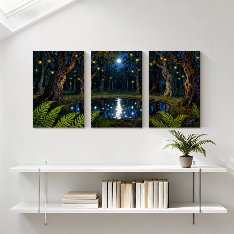 Abstrait forêt au clair de lune avec étoiles brillantes et fougères, ensemble de 3 impressions sur toile, H 18 po x l 36 po