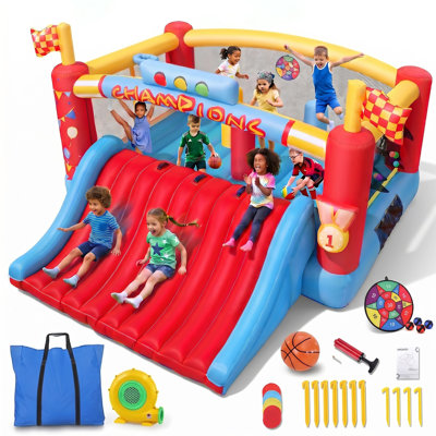 Adam 13.39X12.99Ft Extra Large Inflatable Bounce House with Blower For Big Kids, 13FT Outdoor Inflatable Bouncers With Double Basketball Hoop, Throw Ball Game, Obstacle Column, Jumping Bouncy Castle