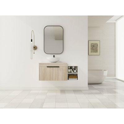 Meuble-lavabo flottant moderne de 42 pouces avec lavabo en céramique, dalle de pierre et rangement à fermeture en douceur, parfait pour les salles de bain contemporaines