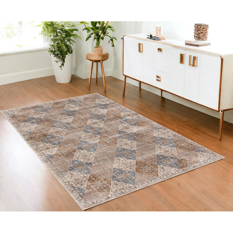 Tapis floral délavé brun et bleu 4 pi x 6 pi