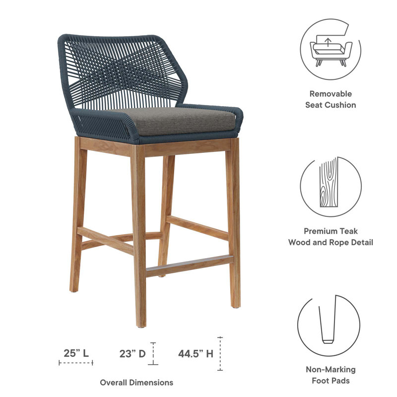 Graphite Blue Teak Wood Outdoor Bar Stool with Cushions