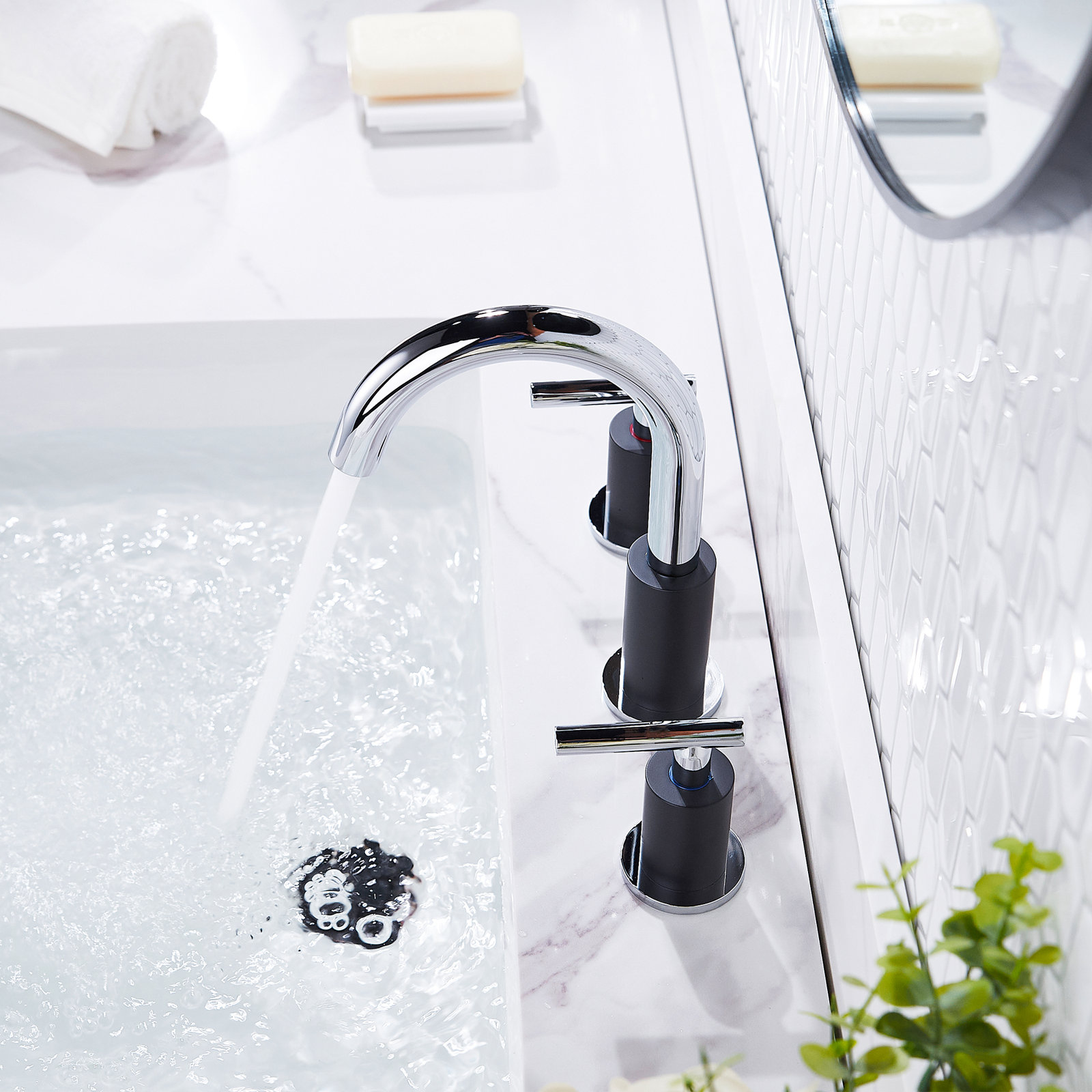 Celestine Widespread Bathroom Faucet with Drain, Black/Chrome