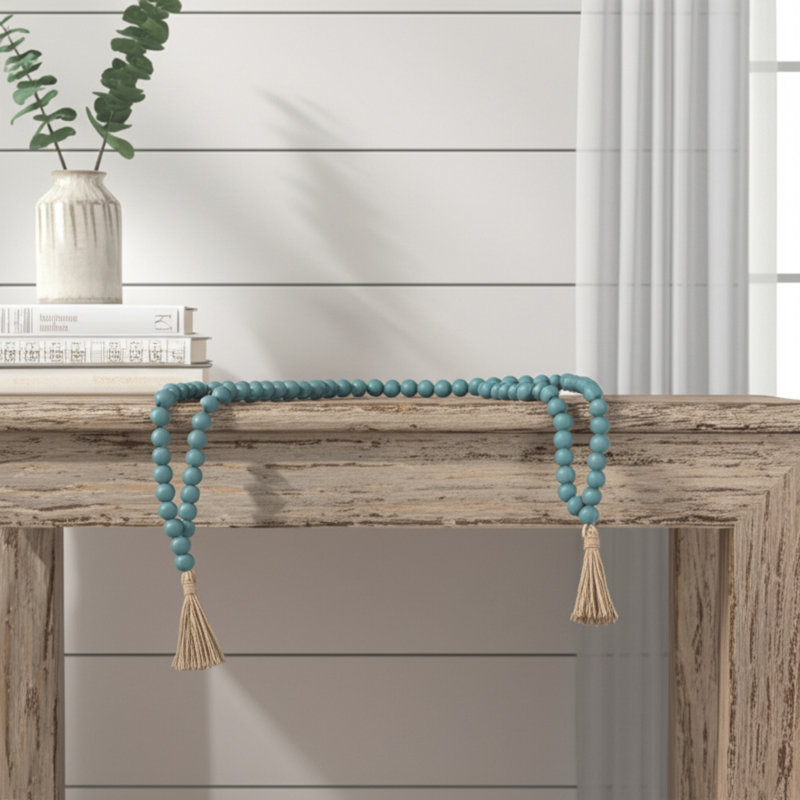 Barri Wood and Jute Decorative Bead Strand with Woven Texture and Tassel Detail Featuring Rustic Design and Contemporary Accents for Versatile Styling in Modern or Traditional Settings
