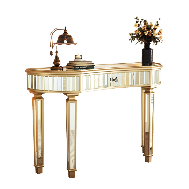 47" Half-Moon Mirrored Console Table With Fluted Glass & Crystal Knob Drawer, Golden/Silver