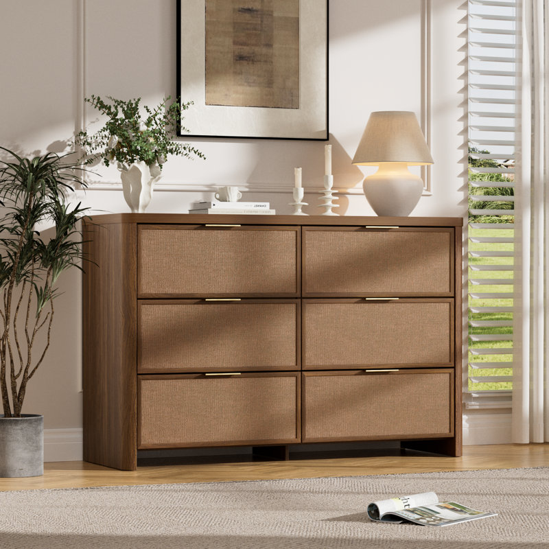 Ensemble de chambre à coucher en rotin, commode à 6 tiroirs et tables de chevet à 3 tiroirs, commode moderne de 47,2 po de largeur et conception à bord arrondi pour la chambre à coucher, ensemble de table de chevet de 28,3 po de largeur avec 2 grands espaces de rangement