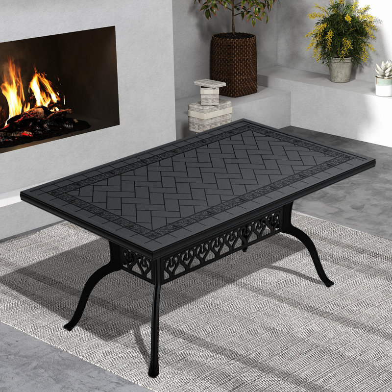 Table de patio - Fonte d'aluminium, noir, forme rectangulaire, texture, résistance à la rouille, repas d'extérieur rectangulaire, 6 sièges