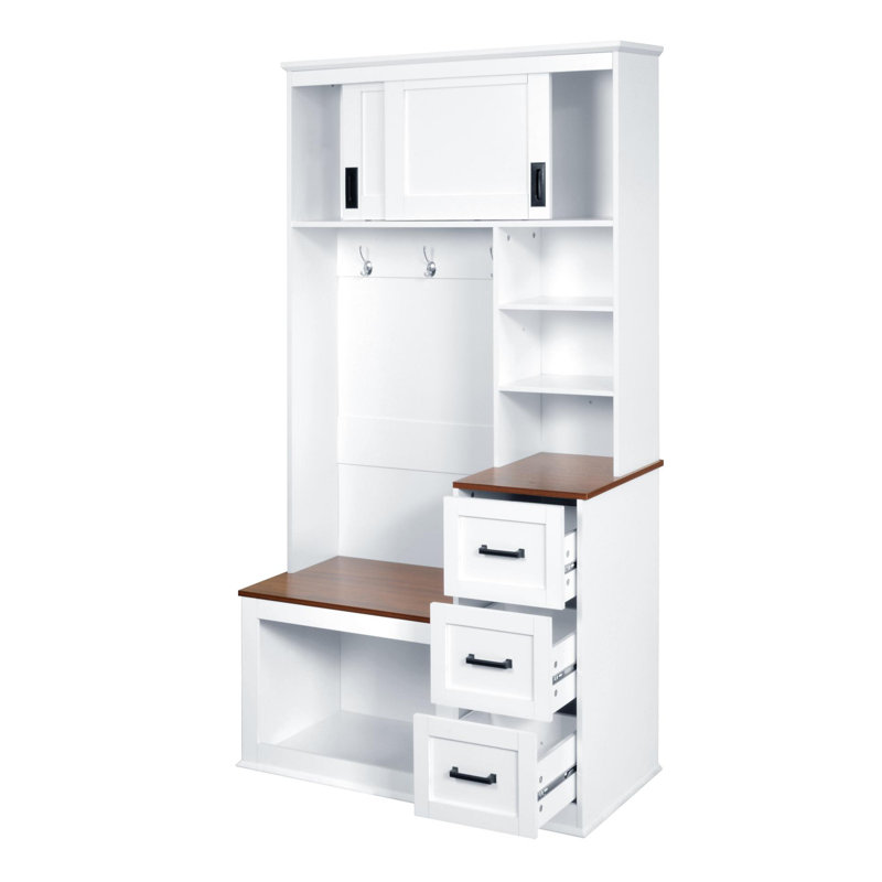 Modern Entryway Bench With Coat Rack, 3 Shelves And Drawers, 3 Sturdy Hooks, 40.2'' Wide Hall Tree With Storage Bench For Hallway, Entryway, Living Room