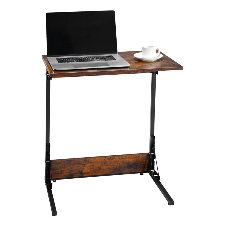 Table d'appoint pliable en forme de C, table C en grain de bois brun avec structure en métal robuste, table de bout de canapé portable pour le bureau de la chambre à coucher