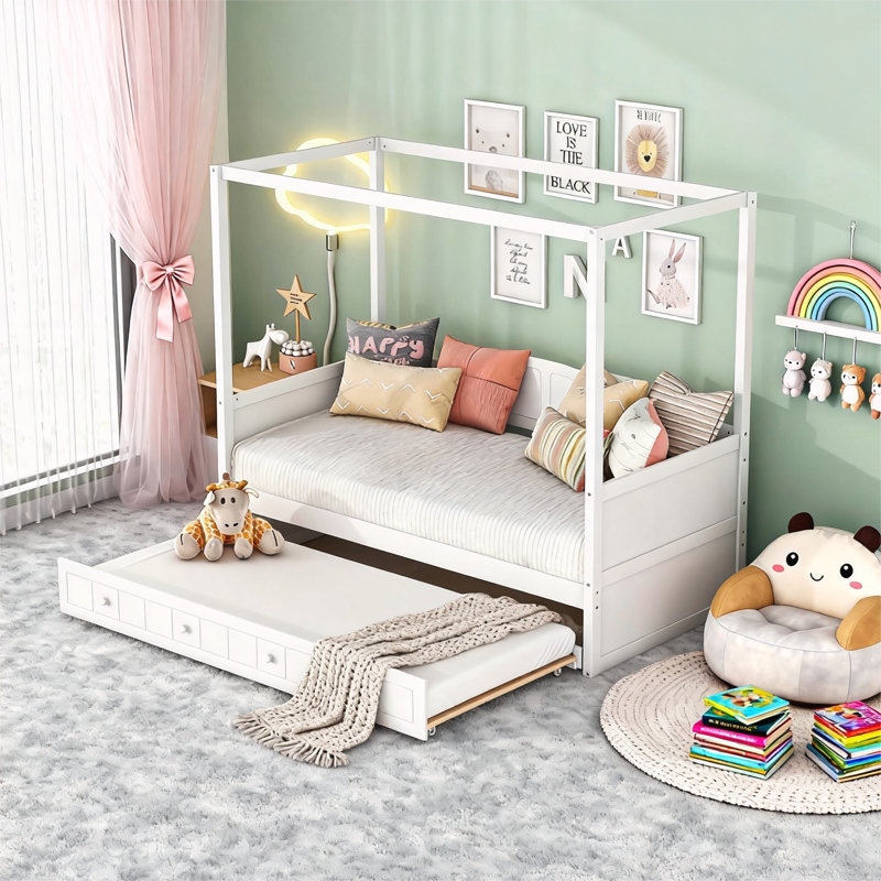 Twin Size Canopy Day Bed with twin size Trundle, White