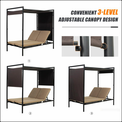 Lit de jour de patio extérieur avec auvent réglable et double chaise longue, dossier à 5 positions, coussins en coton pour la cour, balcon, bord de piscine