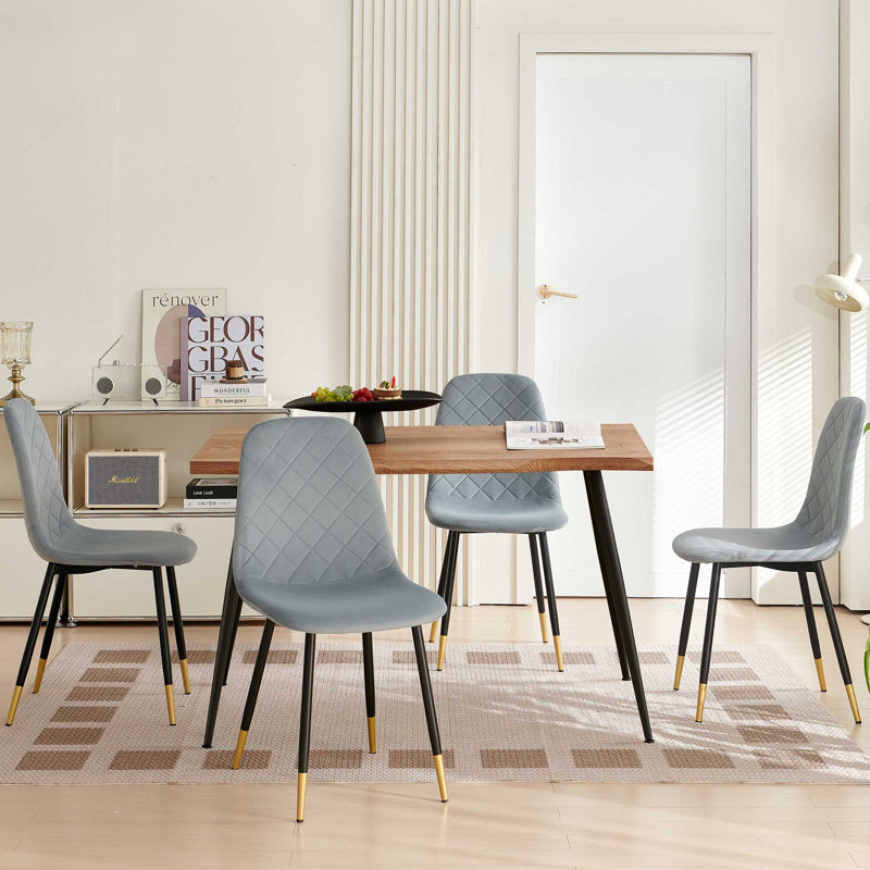 Breakfast Table Set For 4, Rectangular Table Velvet Dining Chair, Gray
