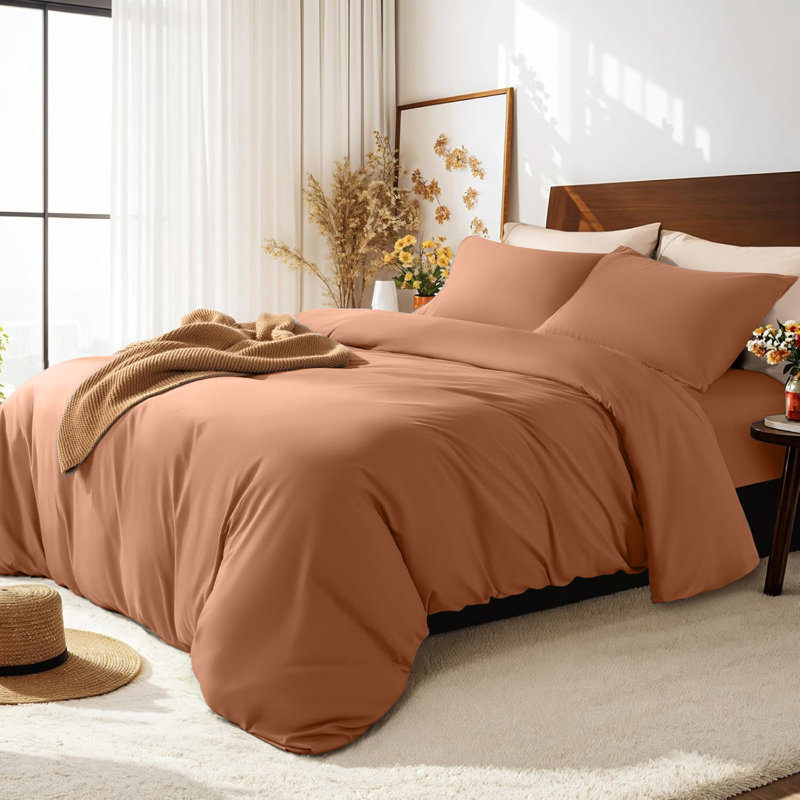 Haffa Microfiber Solid Colour Duvet Cover Set with Pillowcases Included, Peach, Single Microfiber + 2 Additional Pieces