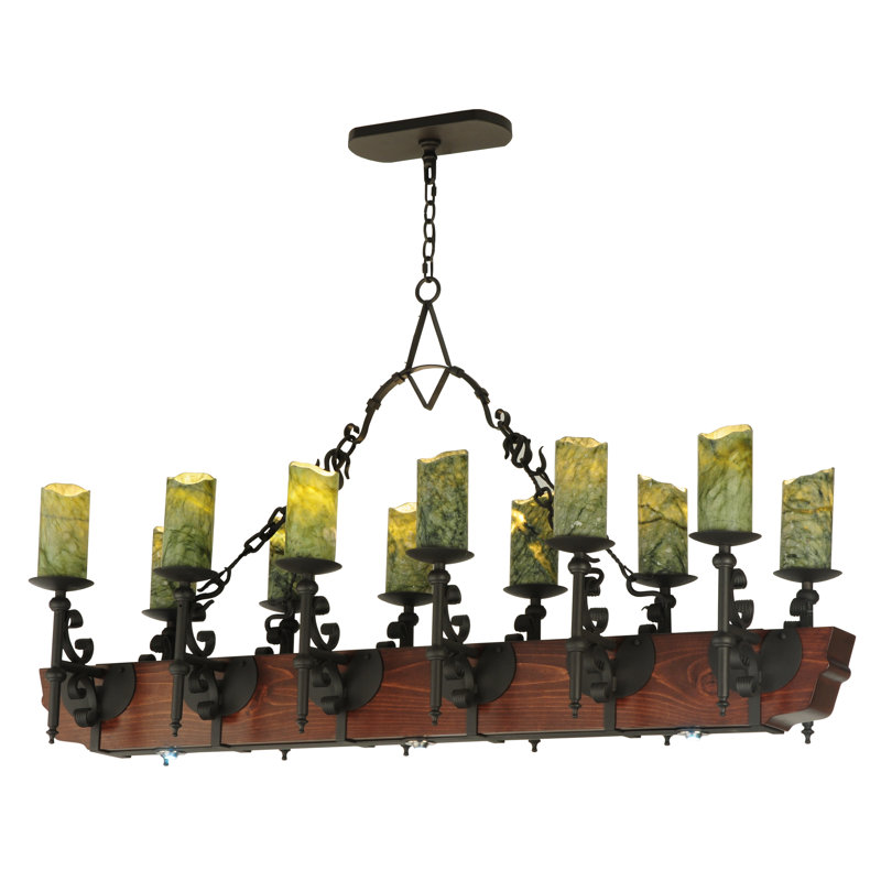 Mini Tudor Bronze 15-Light Shaded Chandelier with Dark Green Metal Shade