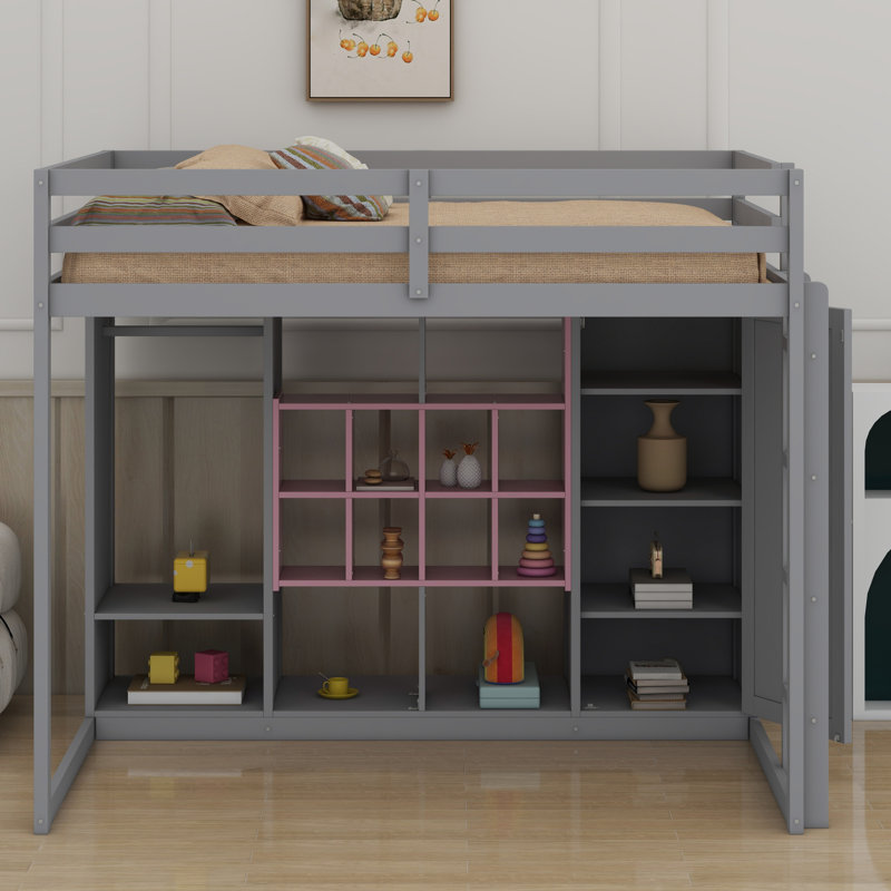 Lit mezzanine en bois avec garde-robe, tablettes et armoire, Double, Gris / Rose