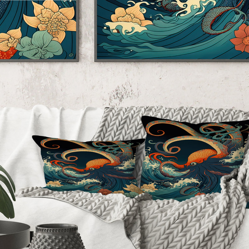 Paysage japonais avec pieuvre V - coussin décoratif imprimé au Japon