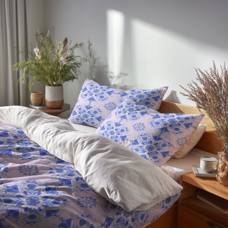 Ensemble de housse de couette et coussin décoratif abstrait bleu et blanc Mandala