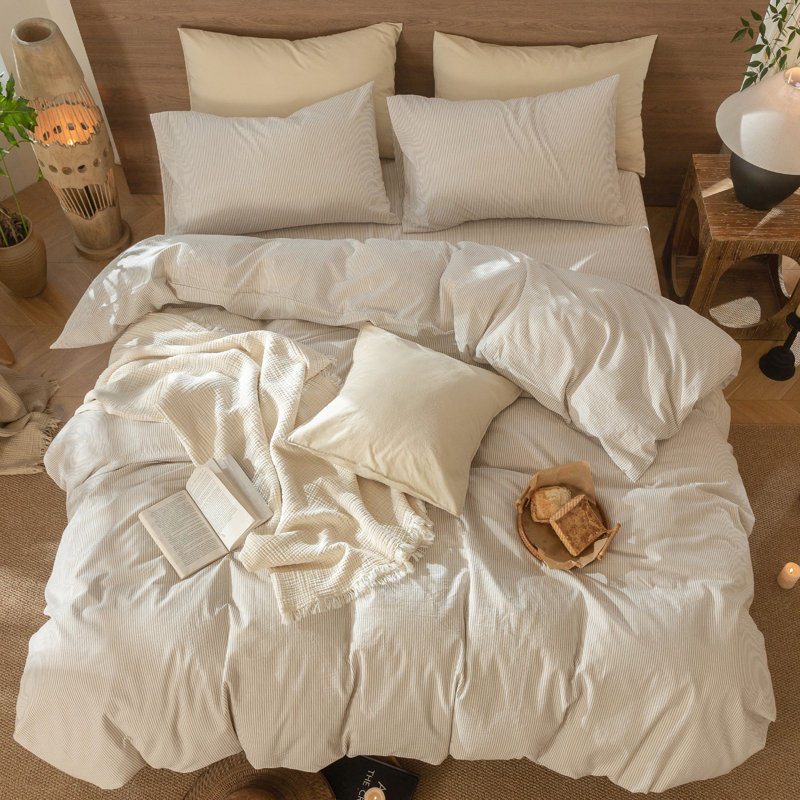 MooMee Striped Duvet Cover Set 100% Washed Cotton Linen Like Textured, Pinstripes - Tannish Linen Gray/White