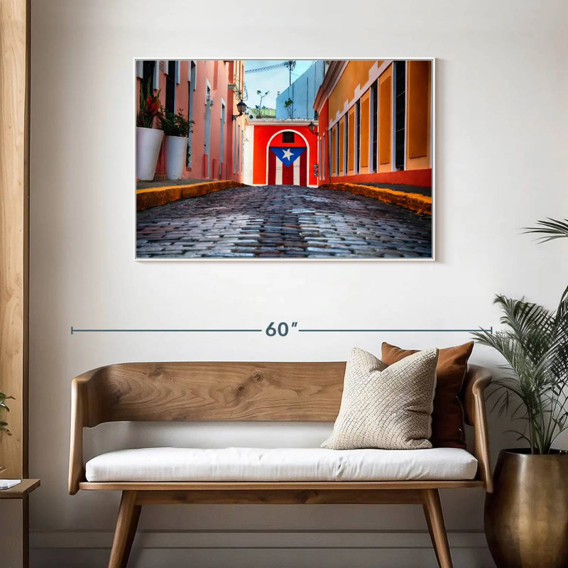 Rue pavée dans le vieux San Juan, Cadre flottant blanc, 43 po x 29 po