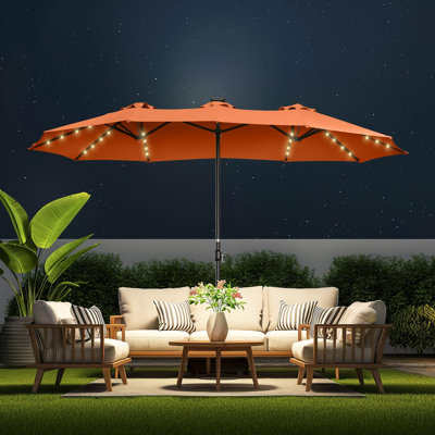 Double Sided Patio Umbrellas - 13ft Solar Lights LED Lighted Outdoor Extra Large Market Table Umbrella with Base Included, Oversized Umbrella for Deck, Pool, Backyard
