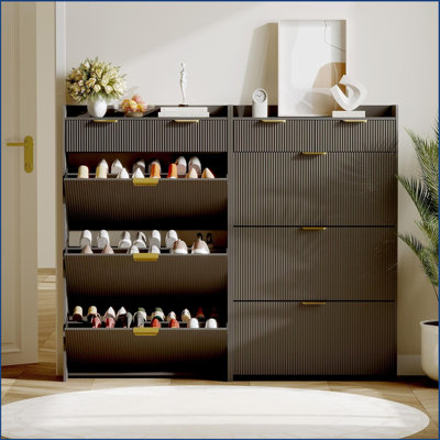 Wave Design Shoe Cabinet With 3 Slip Drawers, 2 Drawers, Raised Edges, Fluted Shoe Cabinet, Slim Hidden Shoe Organizer, Wooden Shoe Storage For Entryway, Front Door, Living Room