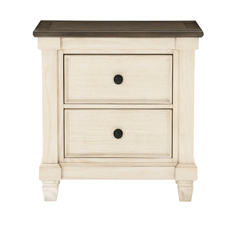 2 tables de chevet de style transitionnel blanc antique et brun rosé avec 2 tiroirs coulissants, Blanc antique / brun
