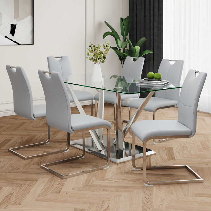 Ensemble de table de salle à manger, table de salle à manger en verre avec base en acier inoxydable, 6 chaises de salle à manger et de cuisine