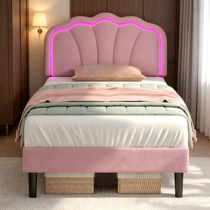 3ft Single Upholstered Bed Frame, Pink Velvet Bed with Adjustable Shell Headboard, RGB LED Lights, Solid Wood Slats, No Box Spring Needed, Easy Assembly, 90x190cm, for Kids Teens Bedroom