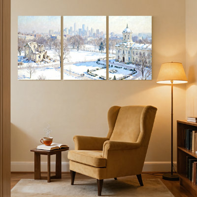 Scénario et paysages urbains paysage d'hiver avec parc enneigé et vue sur la ville, ensemble de 3 impressions d'art sur toile