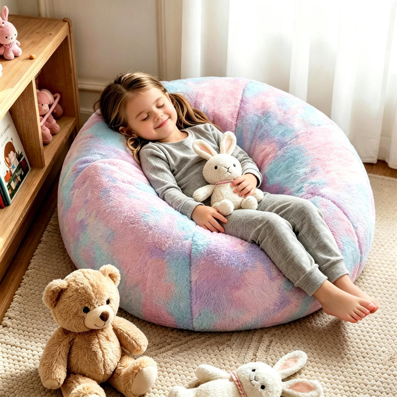 Fauteuil à billes arc-en-ciel en fausse fourrure de lapin pour enfants, LONG-2608D5HL-2