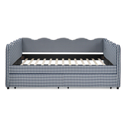 Grand lit de jour confortable en vichy avec deux tiroirs de rangement, avec port USB et adorable tissu en forme de vague