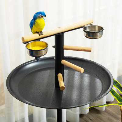 Meuble de jeu pour oiseaux PawHut, perchoir portatif, station d'alimentation pour oiseaux, avec quatre roues, bols en acier inoxydable, plateau rond, gris