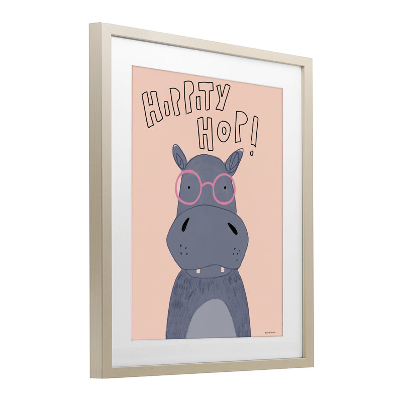 «Hippity Hop Hippo», reproduction d'art sous verre encadrée par Rachel Nieman, H 21 po x l 17 po, Cadre de récolte en pin