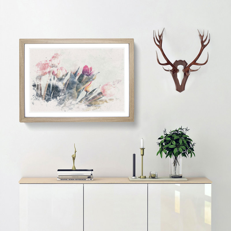 Bunch of Pink Tulips - Picture Frame Graphic Art Print, 40cm H x 60cm W x 2cm D, Oak Framed