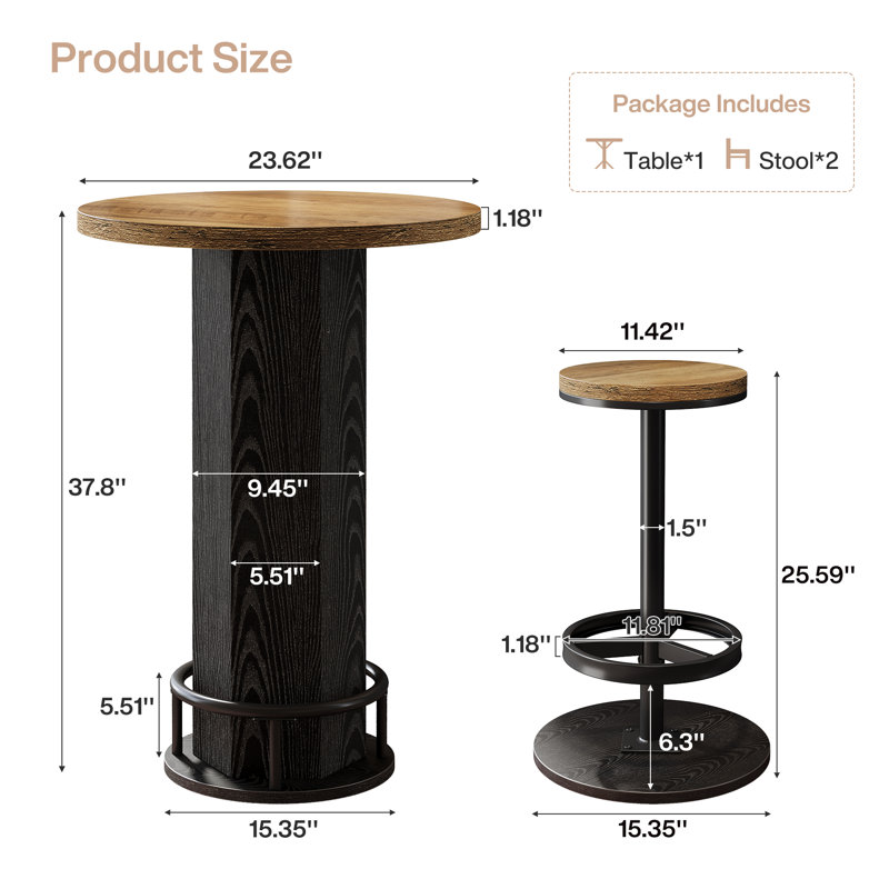 Ensemble de petite table de salle à manger 23,3 po avec 2 chaises, Brown/ Dark Black